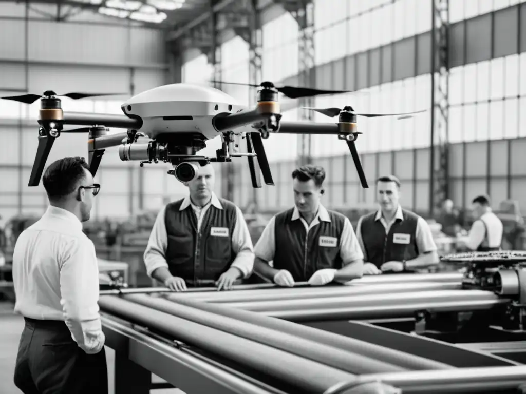 Avances tecnológicos en la industria: trabajadores de los 50 y dron Trabajadores en planta industrial de los 50 operando maquinaria, mientras un dron supervisa, mostrando el impacto de los drones en la sociedad moderna