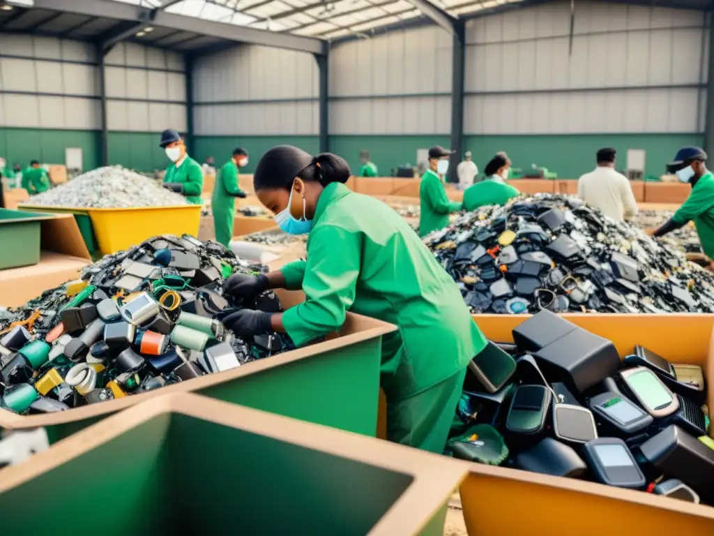 Trabajadores en planta de reciclaje seleccionando tecnología vestible materiales ecoamigables con cuidado