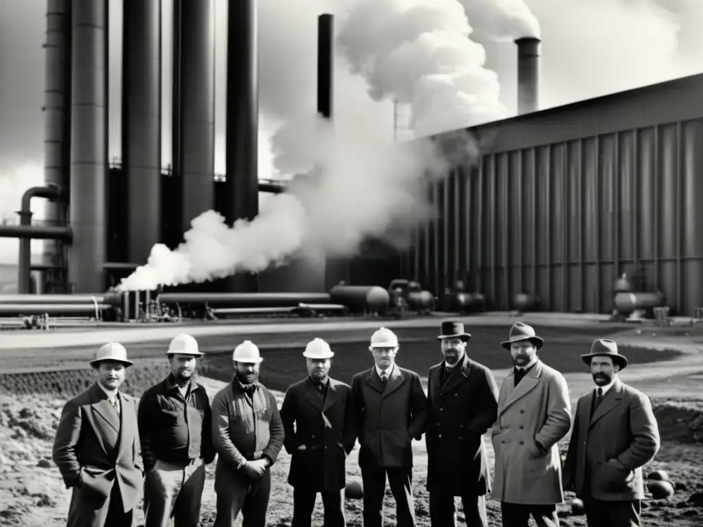 Trabajadores en planta geotérmica del siglo XIX, historia de la energía geotérmica en la revolución industrial