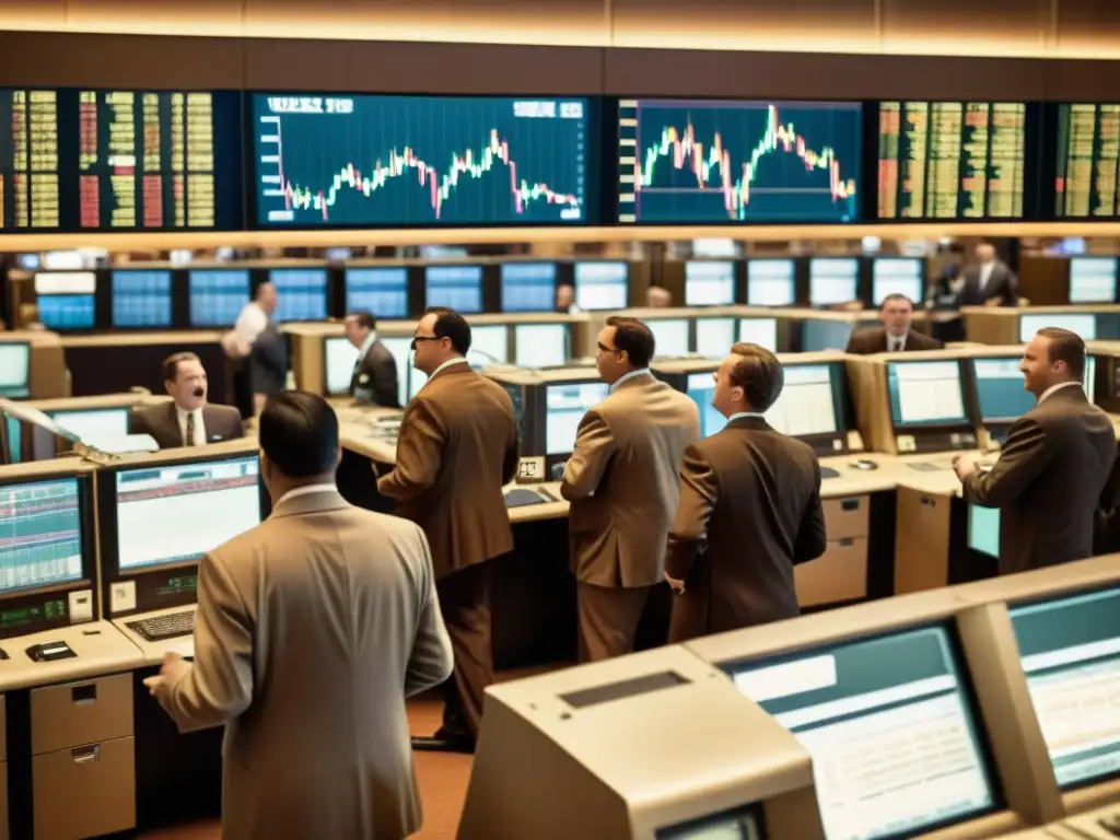 Traders en el piso de la bolsa con máquinas de ticker tape y monitores vintage, capturando la emoción de la era antigua de las Aplicaciones de Big Data en Finanzas