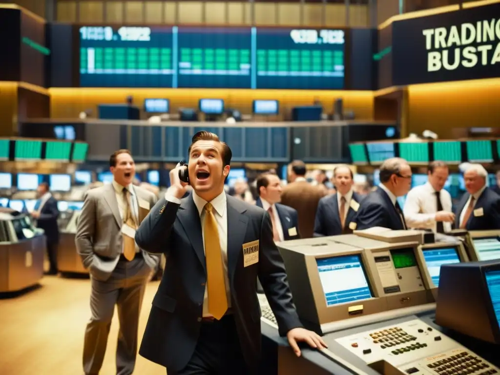 Traders en el piso de la bolsa de valores, rodeados de equipos vintage, bañados en cálida luz dorada