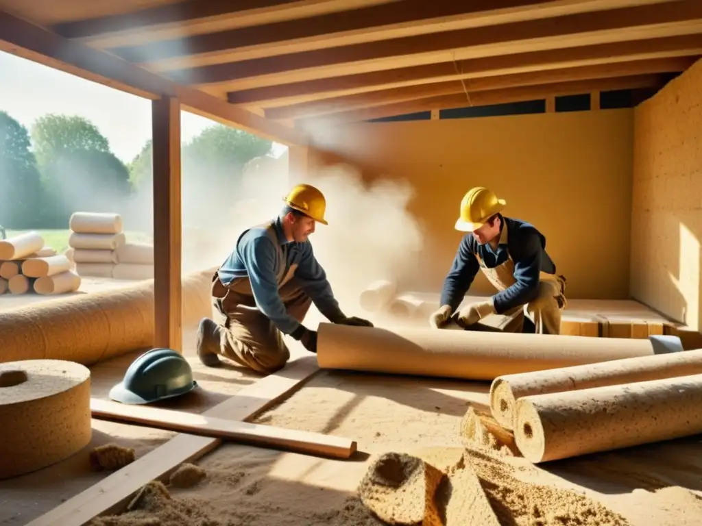 Tradicional sitio de construcción con trabajadores colocando materiales aislantes entre vigas de madera
