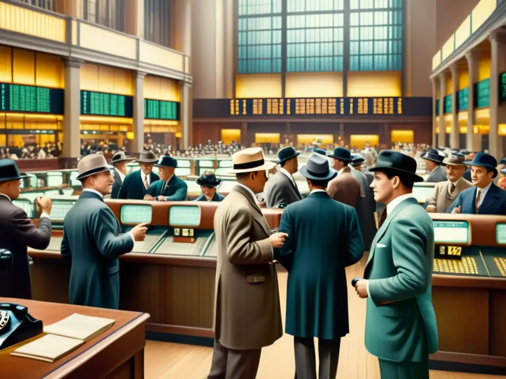 Trading floor de la década de 1900 con traders haciendo negocios, evocando usos innovadores de blockchain en la industria financiera