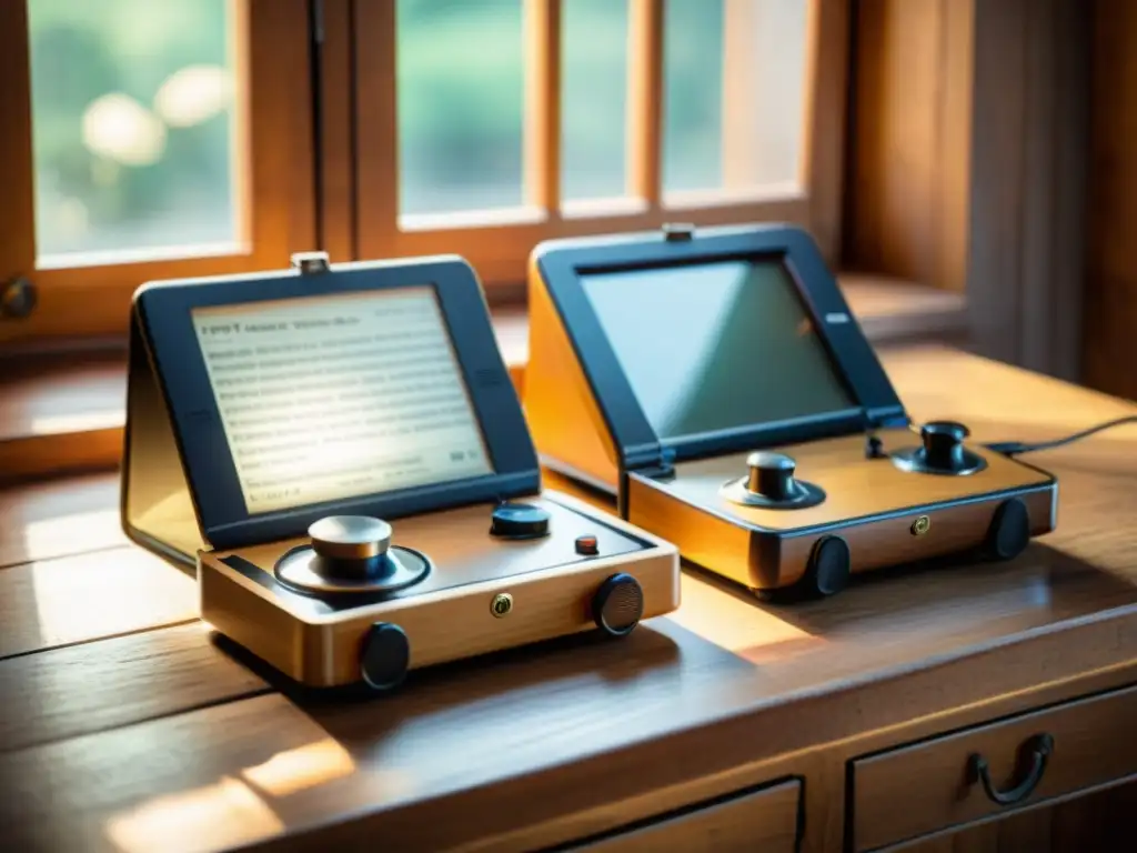 Dos traductores portátiles para romper barreras, descansando en una mesa de madera rústica con luz natural