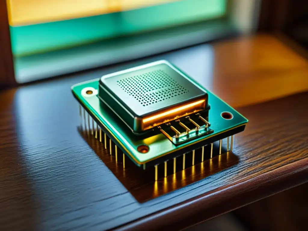 Un transistor vintage descansa en una mesa de madera iluminado por la cálida luz del sol, rodeado de componentes electrónicos antiguos