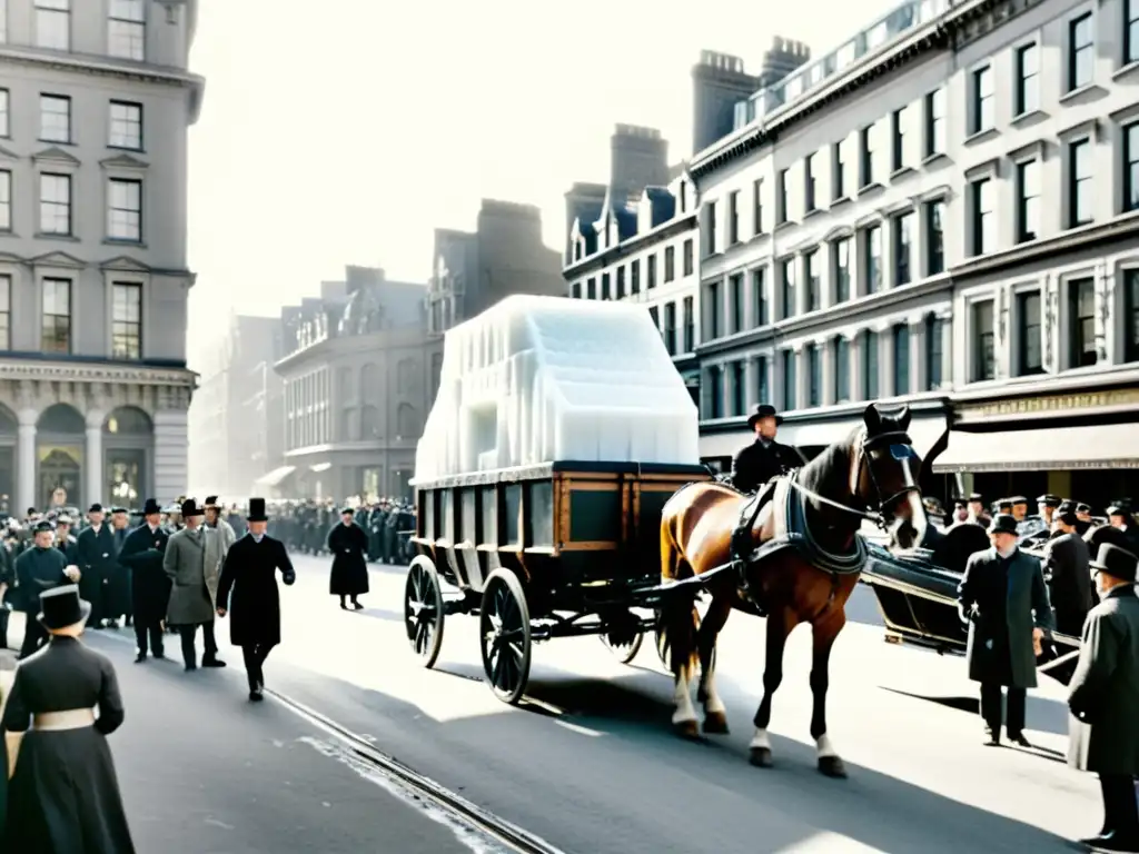 Transporte antiguo de hielo en ciudad bulliciosa