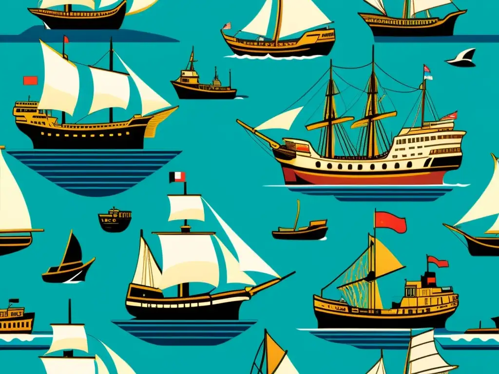 Evolución del transporte marítimo: Detallada ilustración vintage de barcos a lo largo de los siglos, navegando paisajes marítimos cambiantes