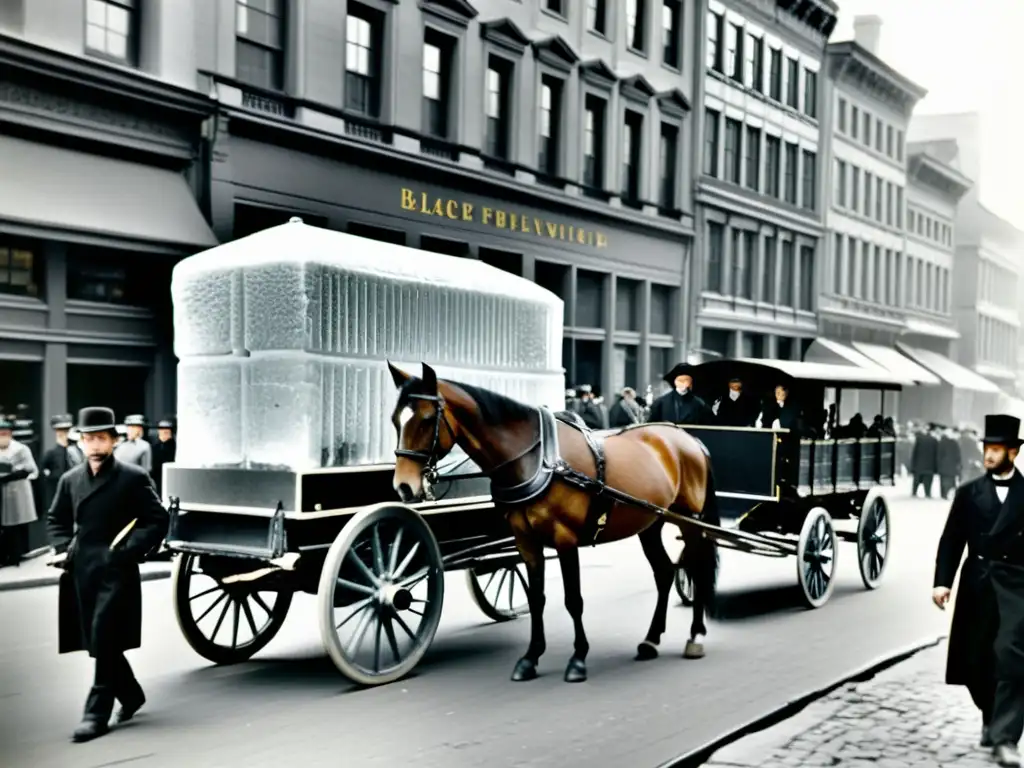 Traslado de hielo en carreta tirada por caballos en la ciudad: evolución de la refrigeración moderna