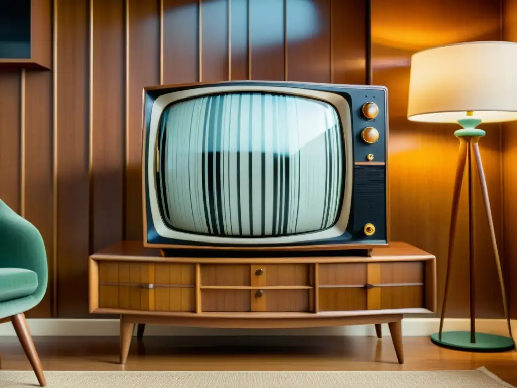 Una televisión vintage de tubo con pantalla curva muestra un patrón en blanco y negro en una sala de estar de los años 50, evolución historia televisión pantallas planas