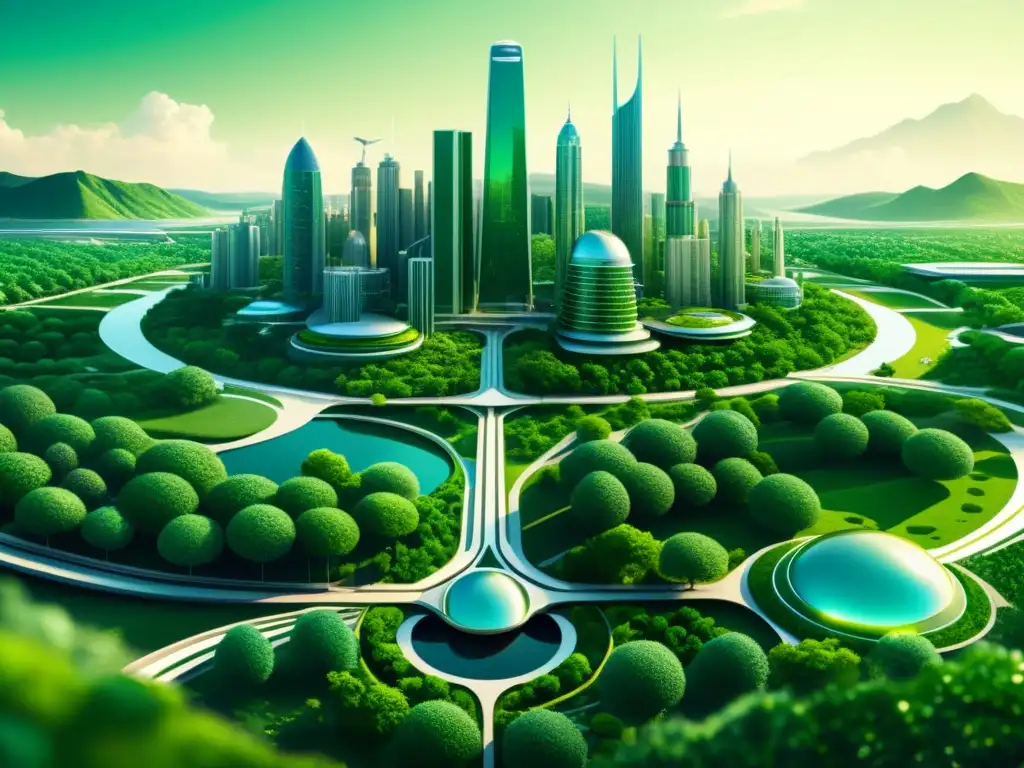 Una ilustración vintage ultradetallada de una ciudad futurista con estructuras de bioingeniería avanzada integradas en el paisaje, mostrando soluciones tecnológicas emergentes para combatir el cambio climático