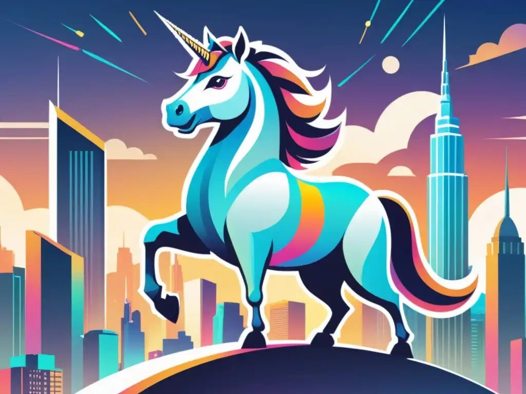 Un unicornio futurista destaca en una ciudad tecnológica llena de startups, irradiando potencial y maravilla