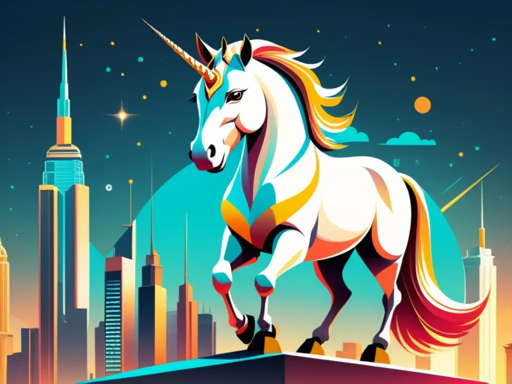 Un unicornio majestuoso en una ciudad futurista, rodeado de avances tecnológicos y actividad de startups