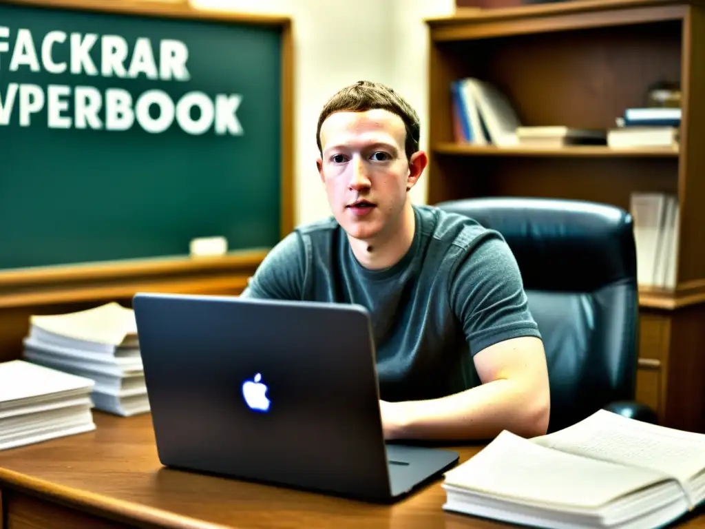 Mark Zuckerberg, en la universidad, enfocado en su computadora rodeado de libros y papeles, reflejando la historia de éxito de sus inventos patentados