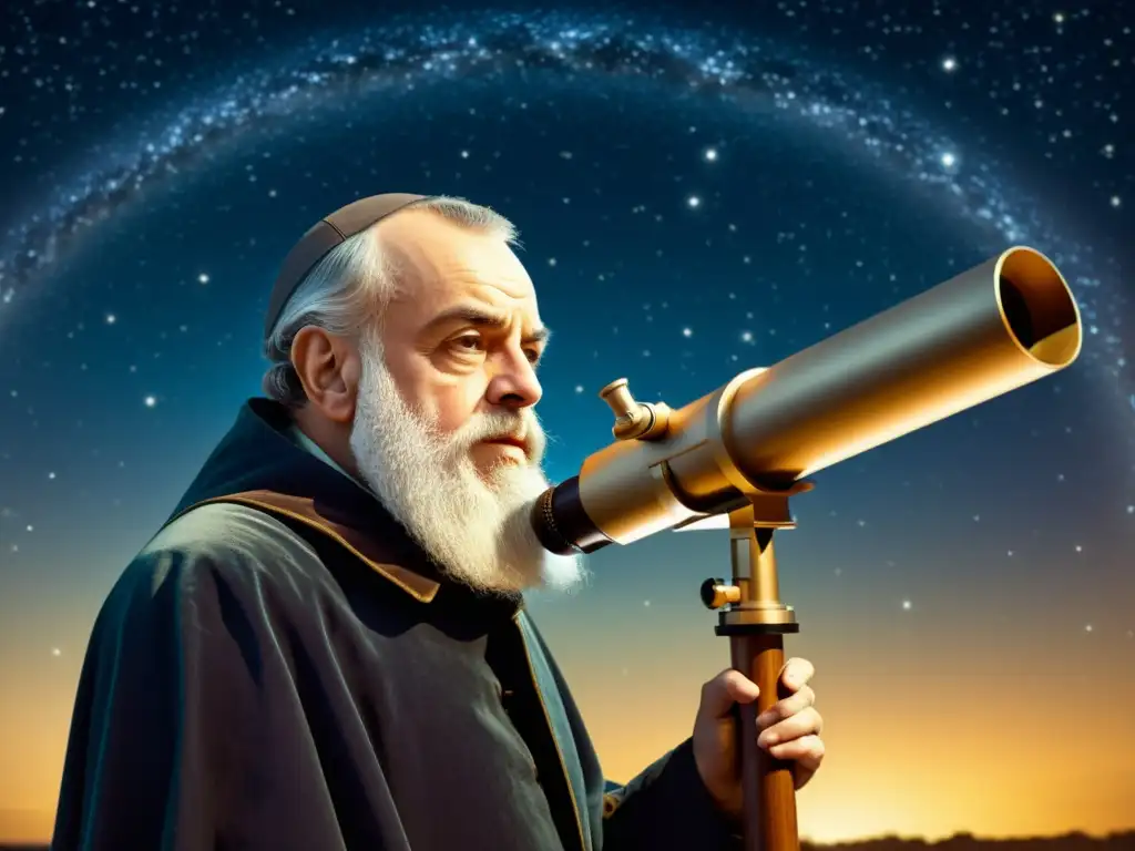 Galileo observa el universo a través de su telescopio, mostrando determinación y asombro por la expansión de horizontes