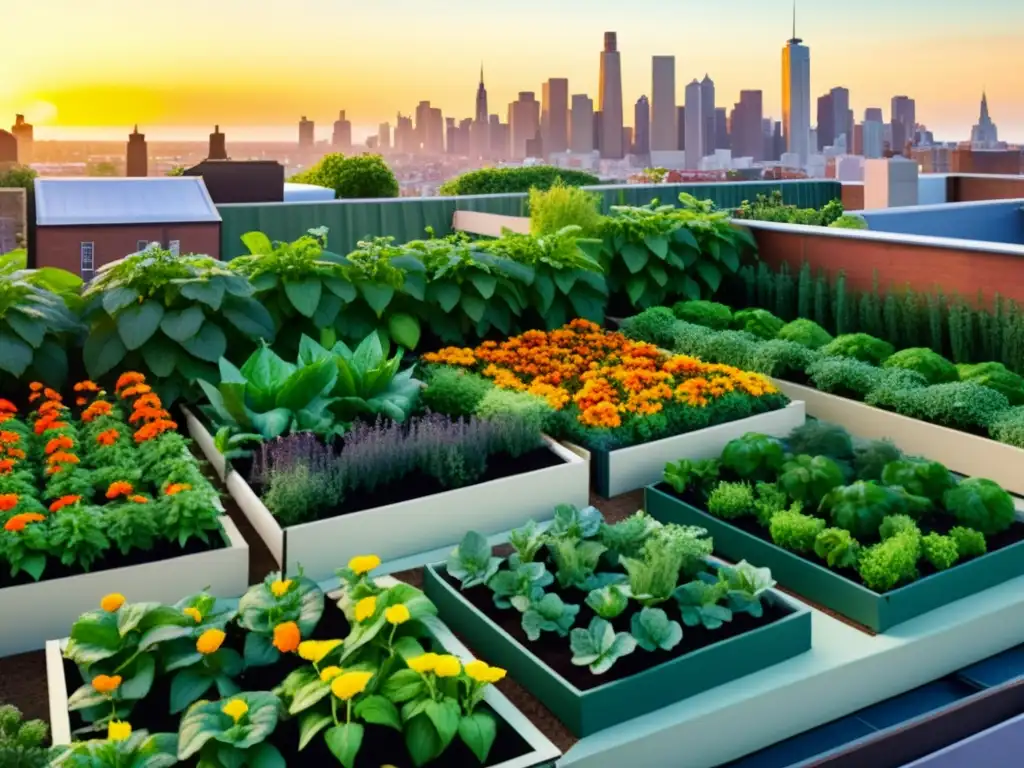 Jardín urbano vibrante con vegetación exuberante y flores coloridas, rodeado de altos edificios de la ciudad