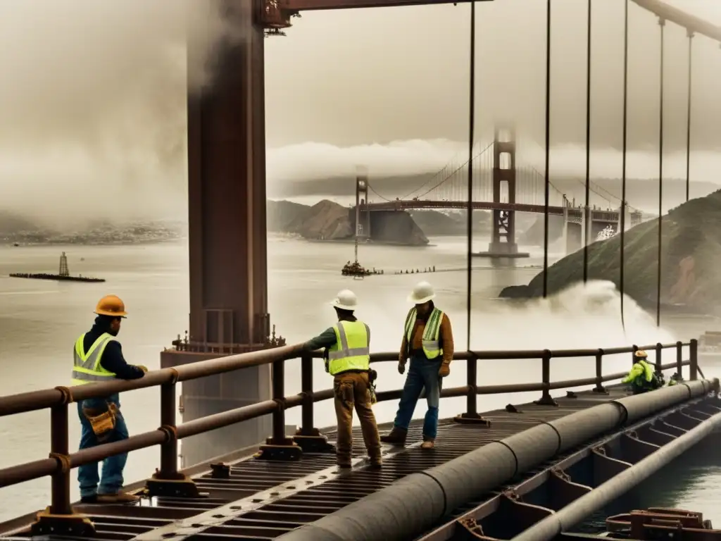 Los valientes trabajadores construyen el puente Golden Gate en una imagen vintage, evocando nostalgia y determinación en la ingeniería civil