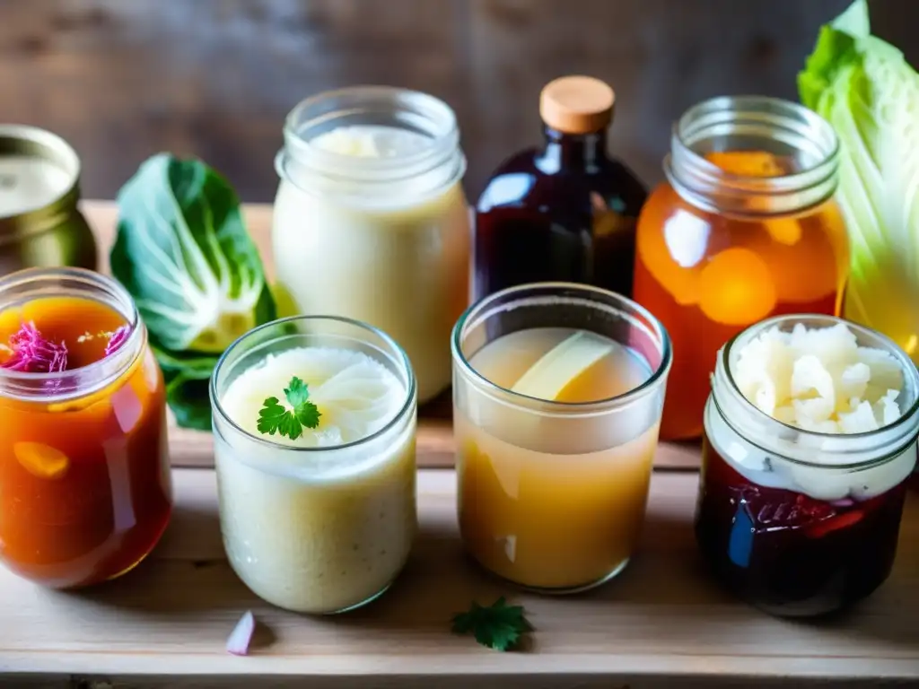 Una variedad de alimentos fermentados, como chucrut, kimchi, kéfir y kombucha, exhiben sus ricos colores y texturas en una mesa rústica