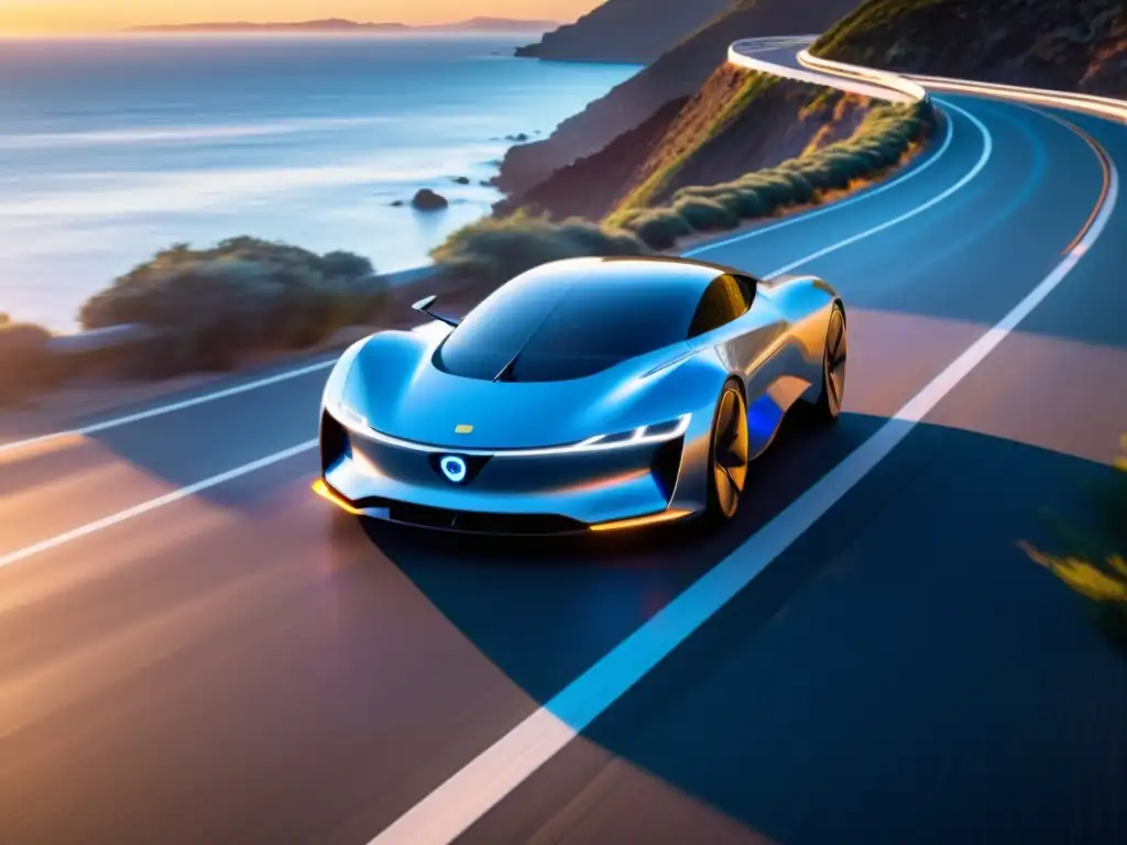 Vehículo autónomo eléctrico del futuro en atardecer costero, fusionando naturaleza y tecnología automotriz avanzada