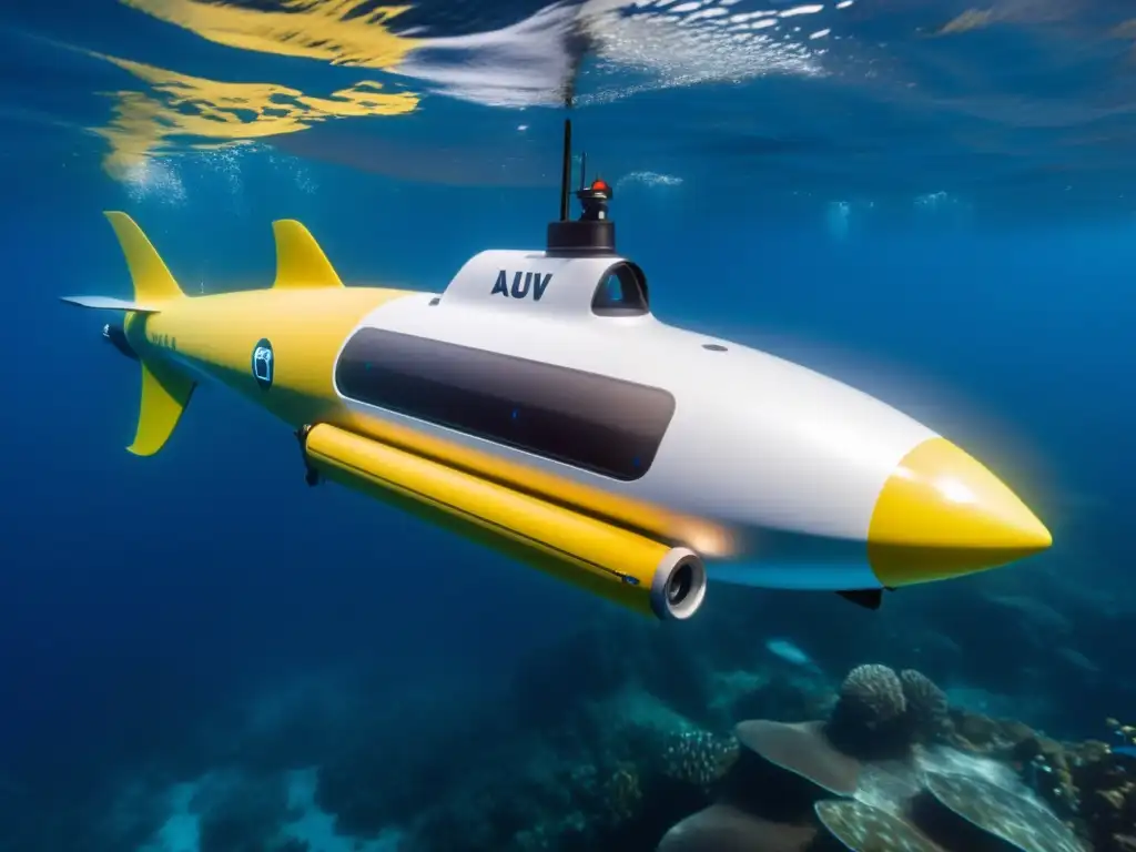 Vehículo autónomo submarino explorando la vida marina en el océano con tecnología de vanguardia