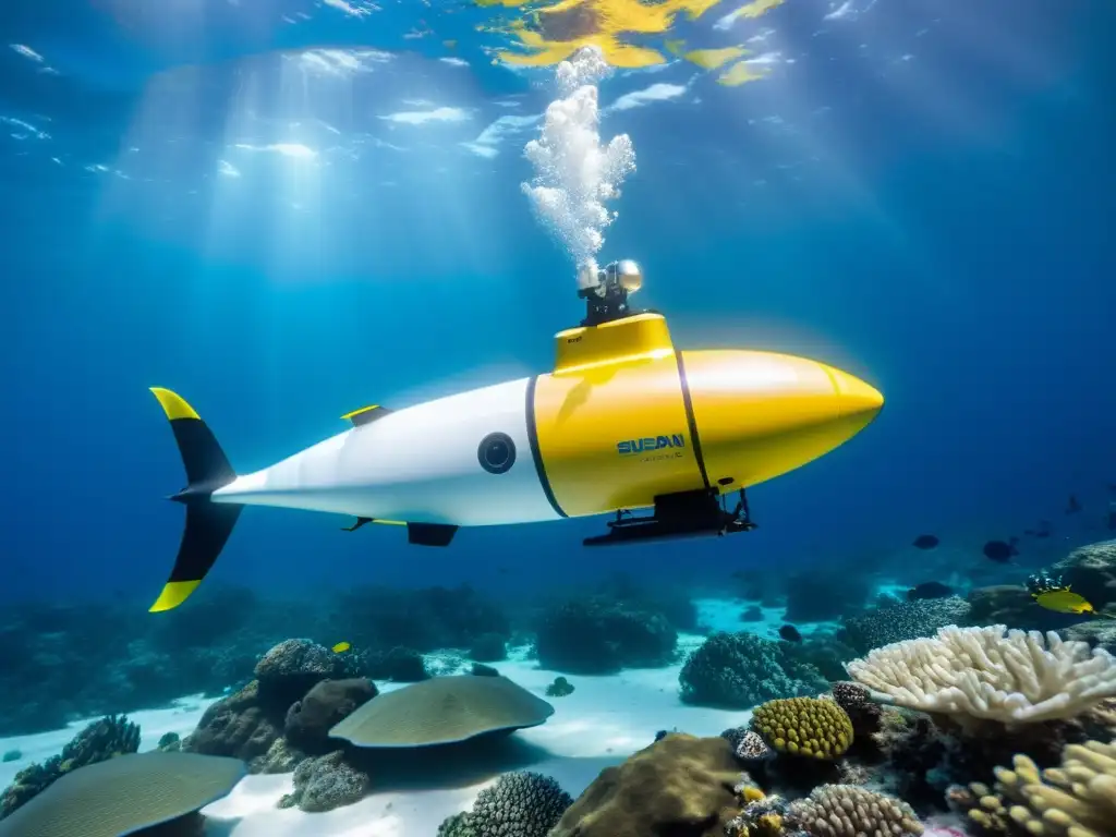 Vehículo autónomo submarino explorando la vida marina en aguas cristalinas, capturando imágenes de alta resolución del ecosistema oceánico