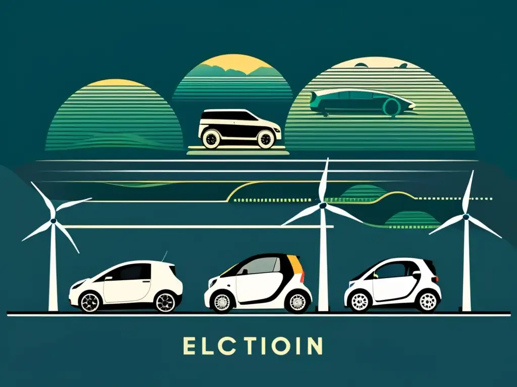 Vintage ilustración: evolución de vehículos eléctricos, tecnología de baterías, integración de energías renovables, impacto en estabilidad energética