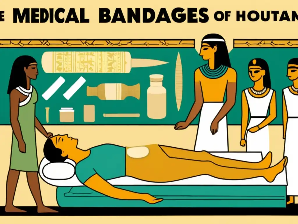 Una ilustración vintage muestra la evolución del vendaje en medicina, desde el antiguo Egipto hasta la tecnología médica moderna