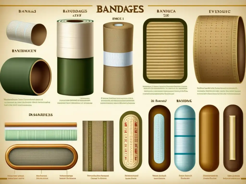 Una ilustración vintage muestra la evolución del vendaje en medicina, desde el antiguo Egipto hasta los vendajes inteligentes modernos