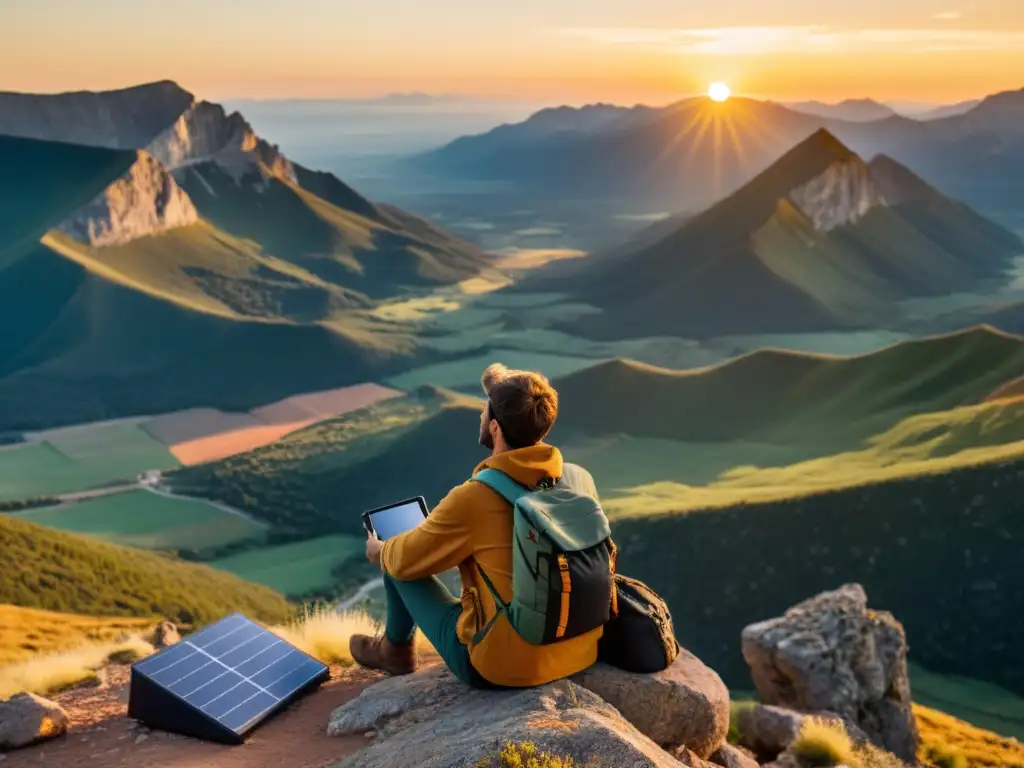 Un viajero contempla un atardecer desde la cima de una montaña remota, con paneles solares portátiles para viajes
