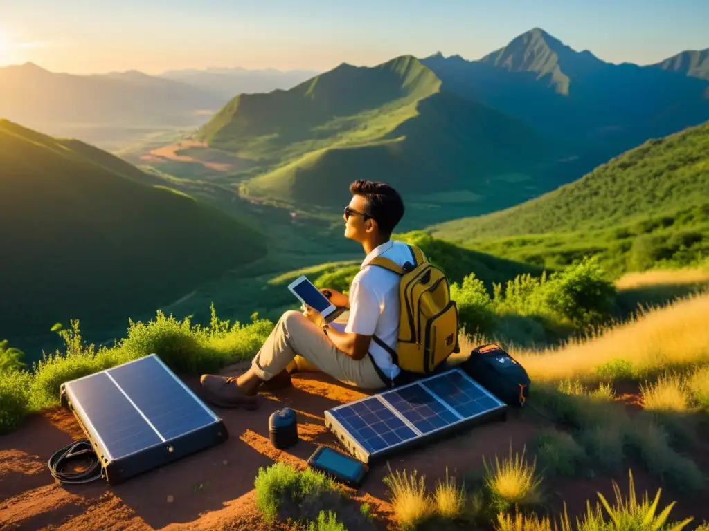 Un viajero disfruta del atardecer en una colina remota, rodeado de naturaleza, con paneles solares portátiles para viajes