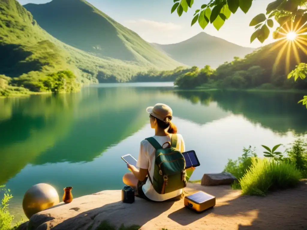 Un viajero junto a un lago sereno, usando paneles solares portátiles para viajes en un paisaje vintage de verdor y paz