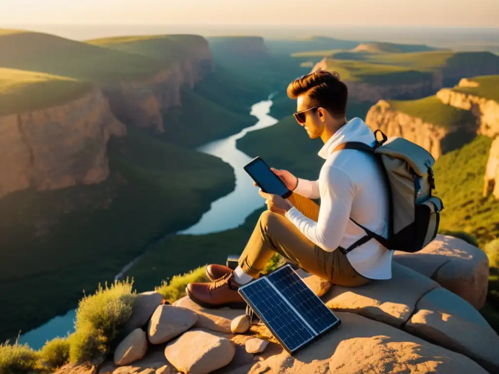 Viajero ajustando paneles solares portátiles para viajes en un paisaje expansivo, bañado por cálida luz dorada