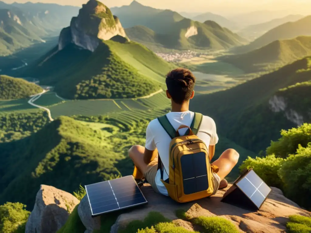 Viajero cargando paneles solares portátiles para viajes en la cima de la montaña, rodeado de exuberante vegetación bajo la cálida luz dorada