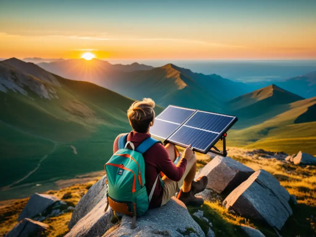 Un viajero despliega paneles solares portátiles para viajes en una montaña remota al atardecer, con una atmósfera evocadora y sostenible
