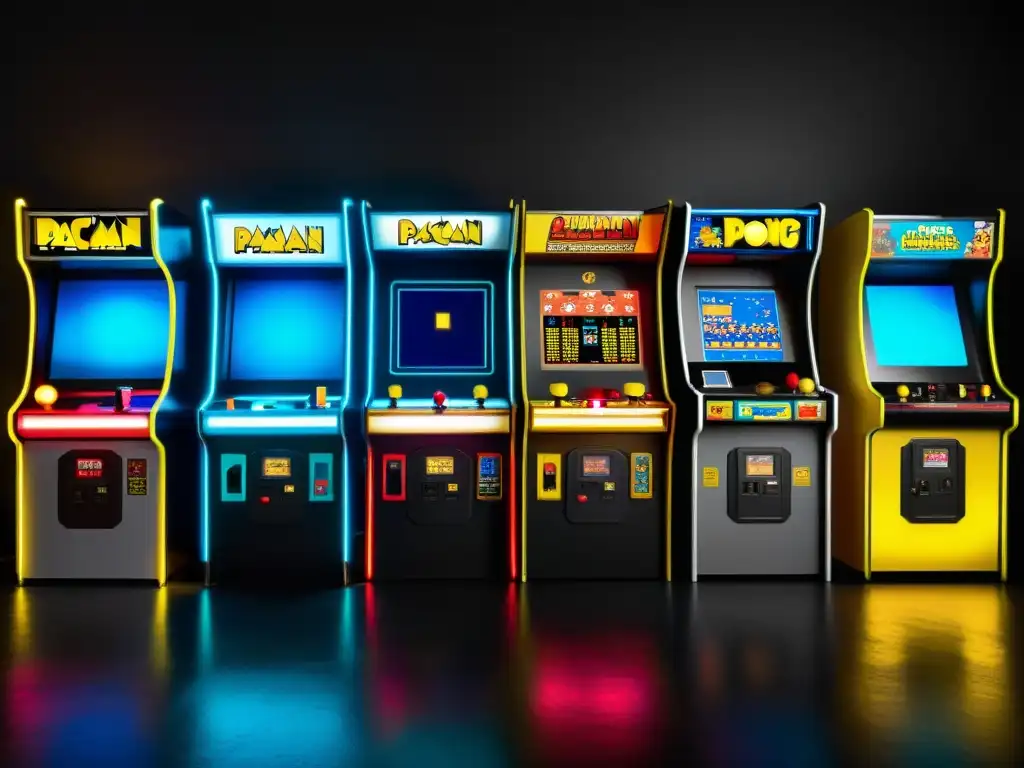 Vibrante arcade vintage con clásicos videojuegos como PacMan y Space Invaders, capturando la evolución de la historia moderna de los videojuegos