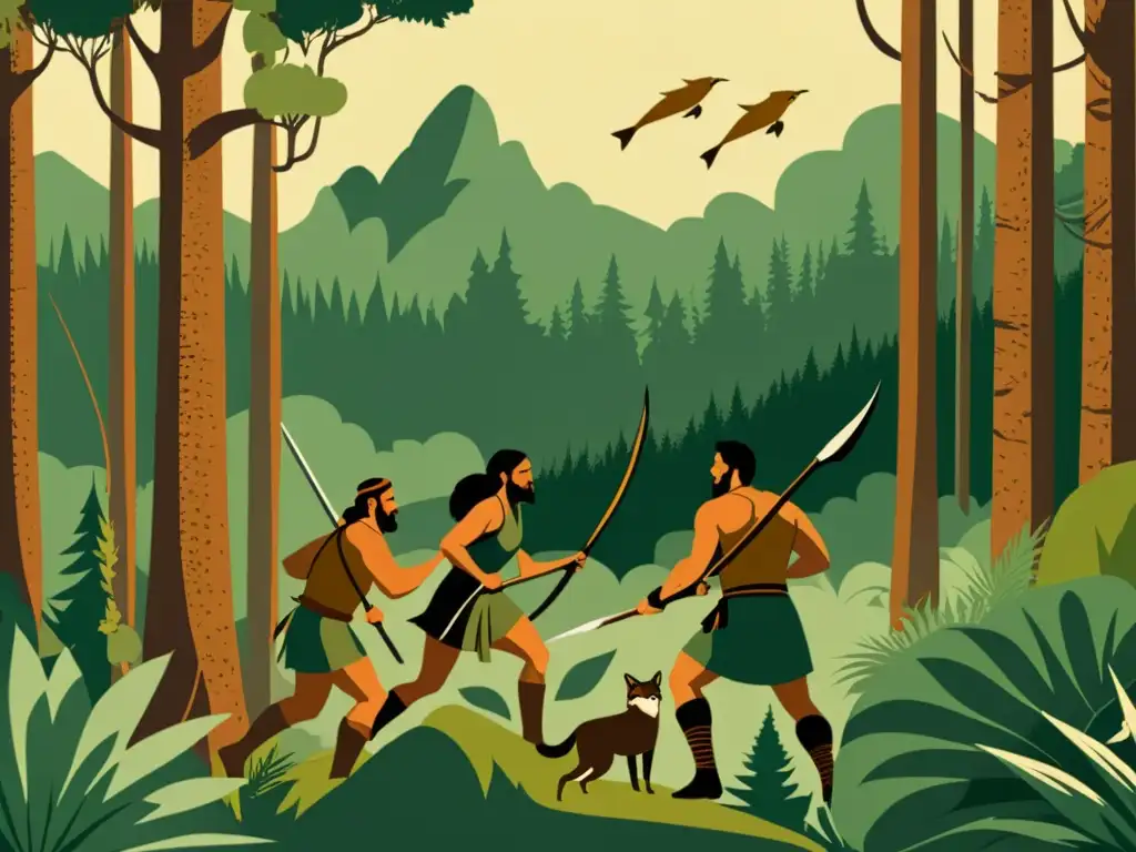 Vibrante ilustración vintage de cazadores prehistóricos usando lanzas para cazar en un denso bosque, capturando la evolución de la caza prehistórica