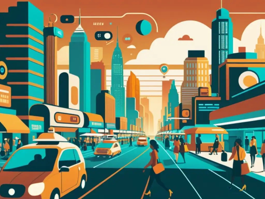 Un vibrante paisaje urbano retrofuturista con integración de asistentes virtuales y dispositivos inteligentes, evocando un futuro conectado