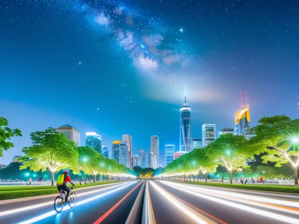 Vibrante skyline nocturno de una ciudad futurista, con luces coloridas, parques verdes, personas en senderos ecológicos y un tren de alta velocidad