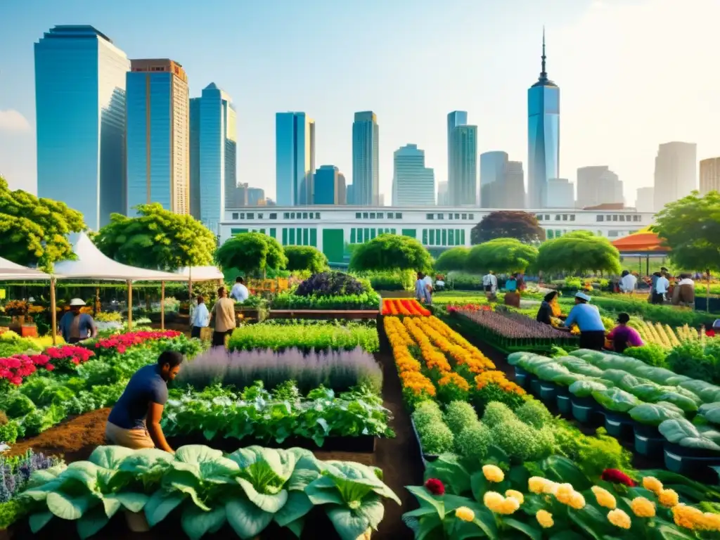 Vibrante jardín urbano con agricultura sostenible y tecnología integrada en una bulliciosa ciudad vintage