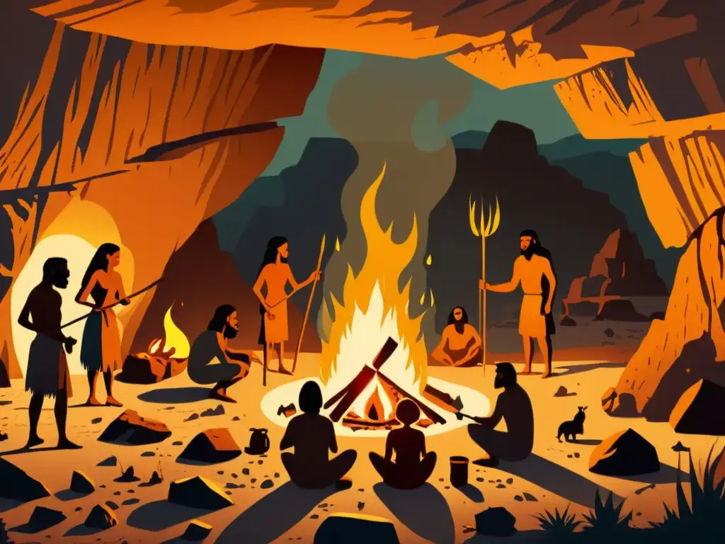 Antiguos humanos usando el fuego: escena detallada Vieja ilustración detallada de la importancia del fuego en la ciencia, con humanos primitivos usando el fuego para crear herramientas y cocinar