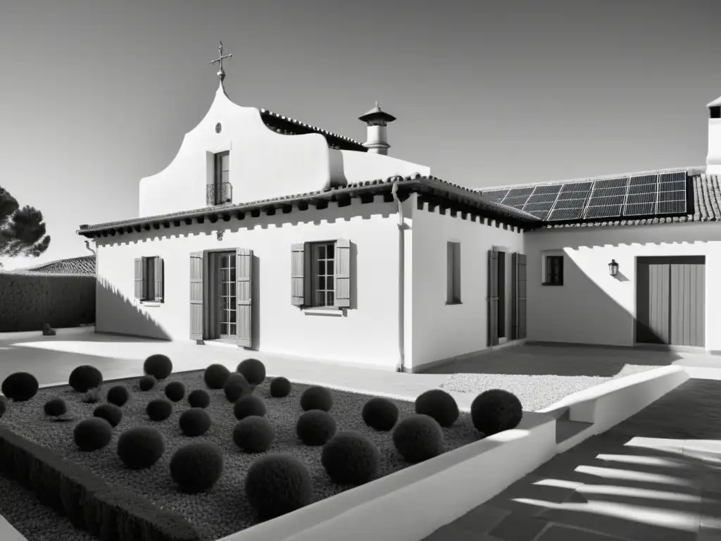 Una villa española tradicional en blanco y negro con sistemas de calefacción solar históricos en el techo, resaltando la evolución sostenible