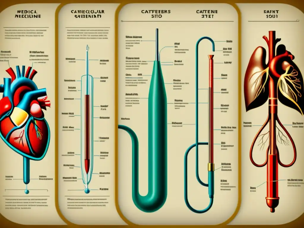 Una ilustración vintage de catéteres y stents detallados, mostrando avances en catéteres y stents en medicina cardiovascular