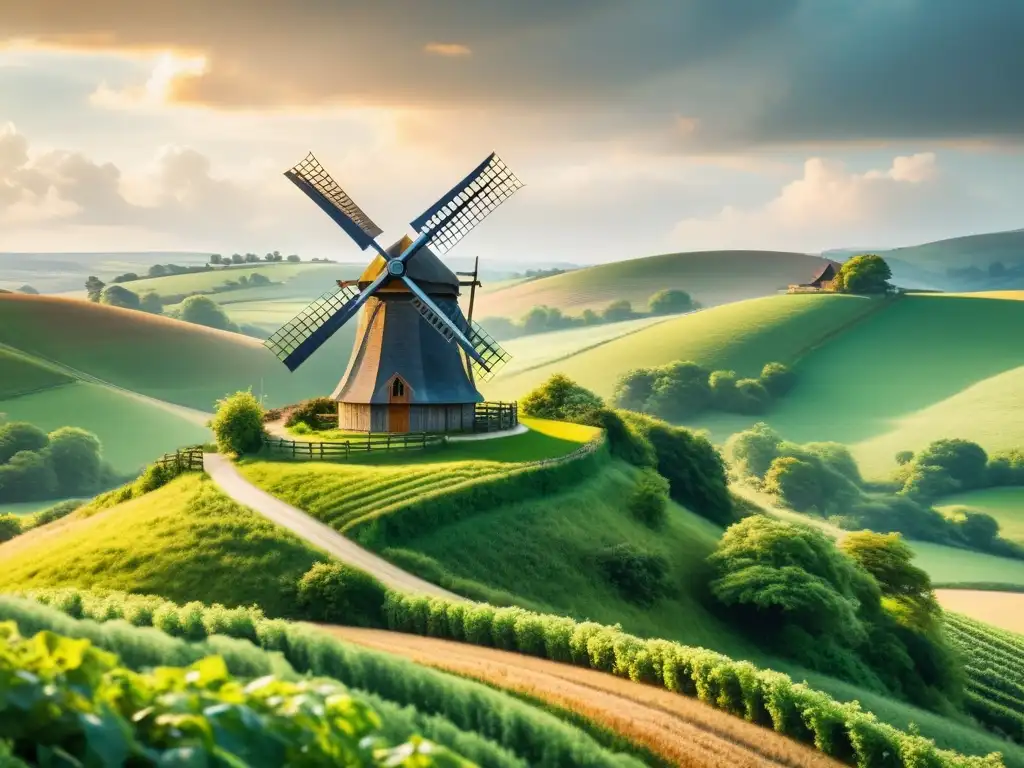 Una ilustración vintage detallada en 8k de un paisaje campestre sereno con un molino de viento tradicional entre colinas verdes