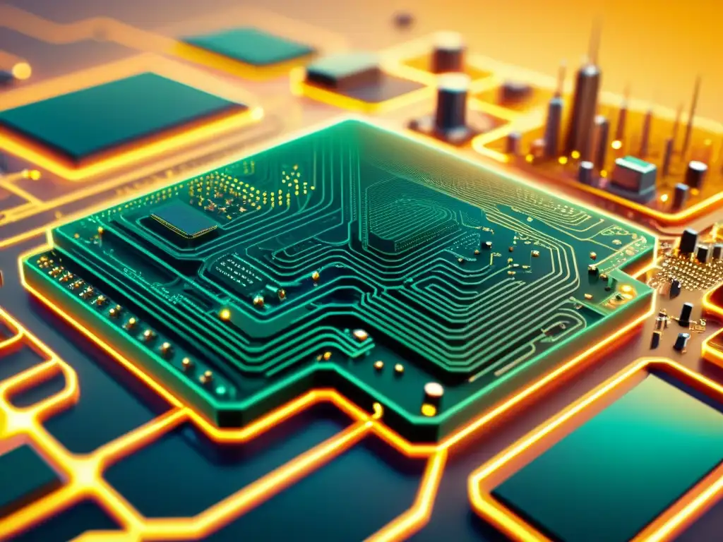 Una ilustración vintage de dispositivos electrónicos con nanotecnología, mostrando circuitos intrincados y estructuras moleculares entrelazadas con precisión