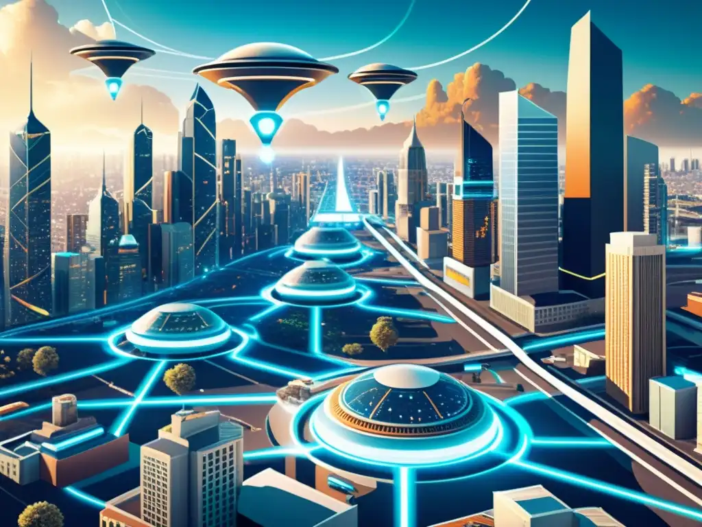 Red de dispositivos interconectados en una ciudad futurista Una ilustración vintage de dispositivos interconectados en una ciudad futurista, mostrando la integración perfecta de la tecnología IoT en la vida cotidiana