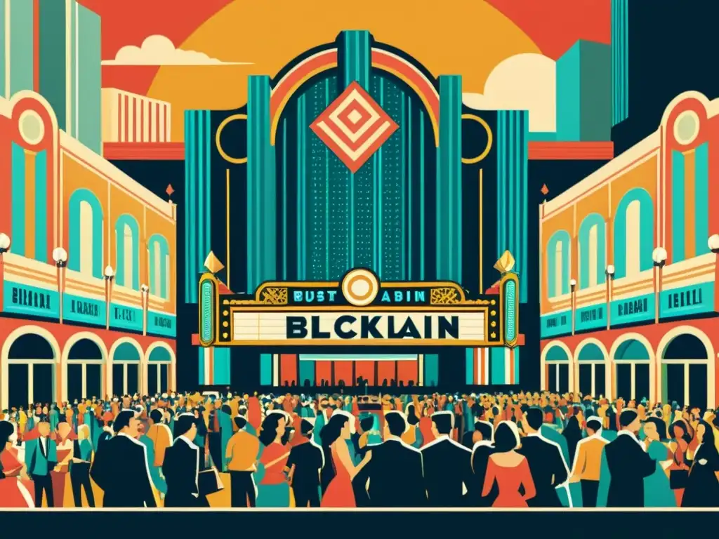 Una ilustración vintage de escena de entretenimiento con aplicaciones insospechadas de blockchain, evocando nostalgia y modernidad