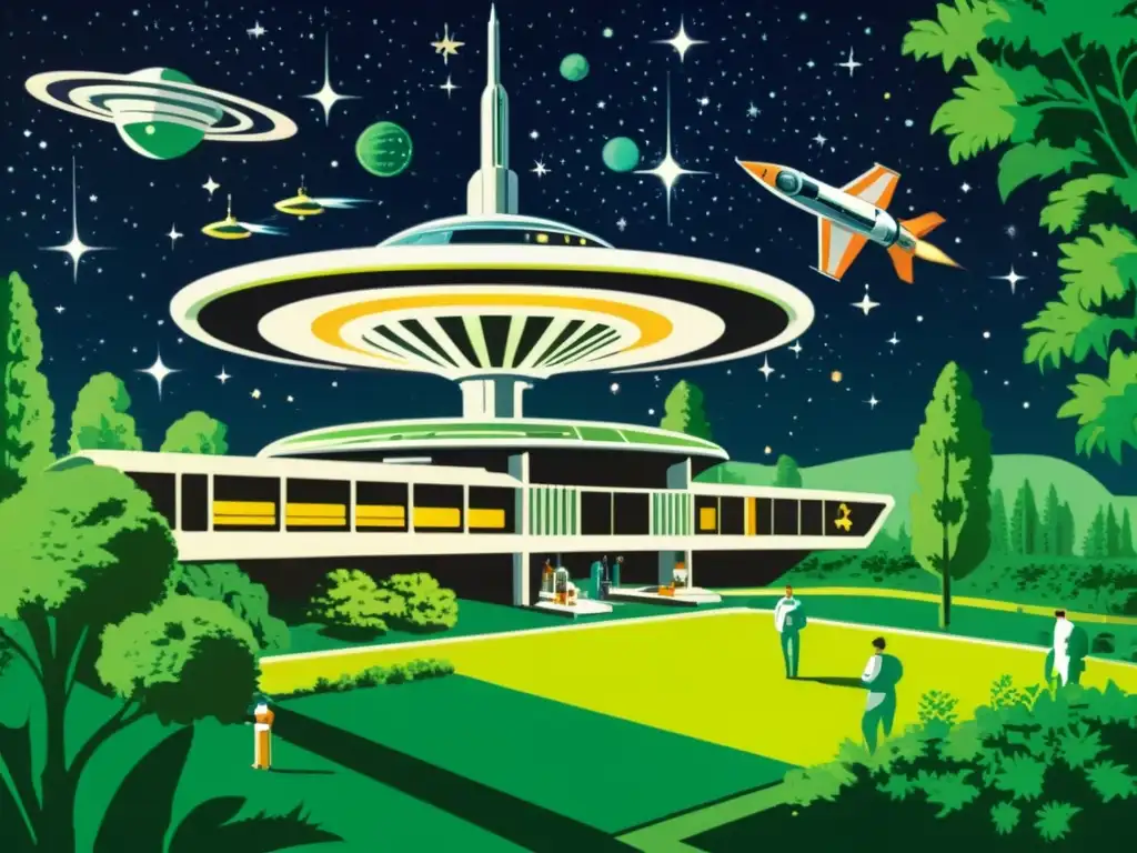 Un ilustración vintage de una estación espacial futurista rebosante de exuberante vegetación y bulliciosa actividad