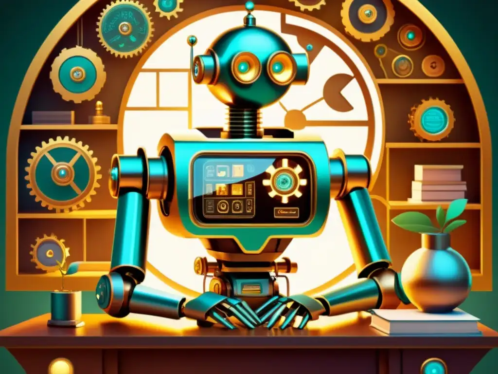 Un ilustración vintage de una persona recibiendo la guía completa asesoramiento financiero automatizado de un robot futurista en un acogedor estudio, con influencias Art Deco y mecanismos intrincados a la vista