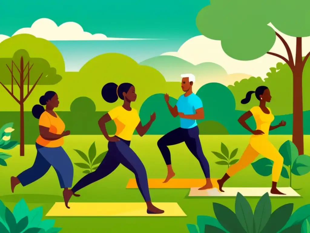 Una ilustración vintage de personas diversas disfrutando de actividades saludables, resaltando los beneficios probióticos y prebióticos para la salud