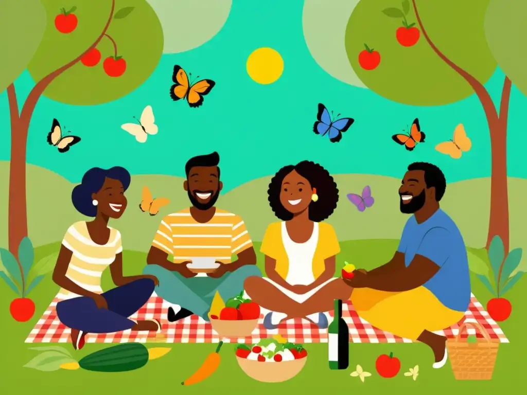Una ilustración vintage de personas felices disfrutando de un picnic en un parque verde