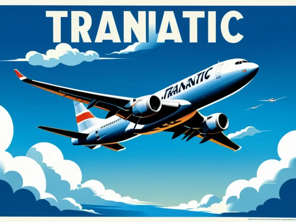 Un vintage póster publicitario de vuelos transatlánticos con un elegante avión plateado surcando el cielo azul